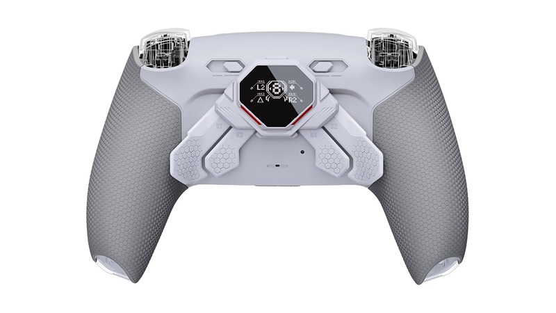 Controller DualSense PS5 con kit XtremeRate Spark: tasti posteriori e display OLED sul retro